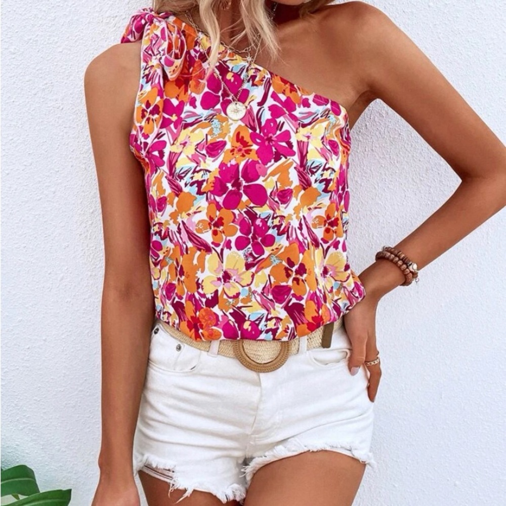 SHEIN VCAY ALL OVER FLORAL PRINT ONE SHOULDER BLOUSE